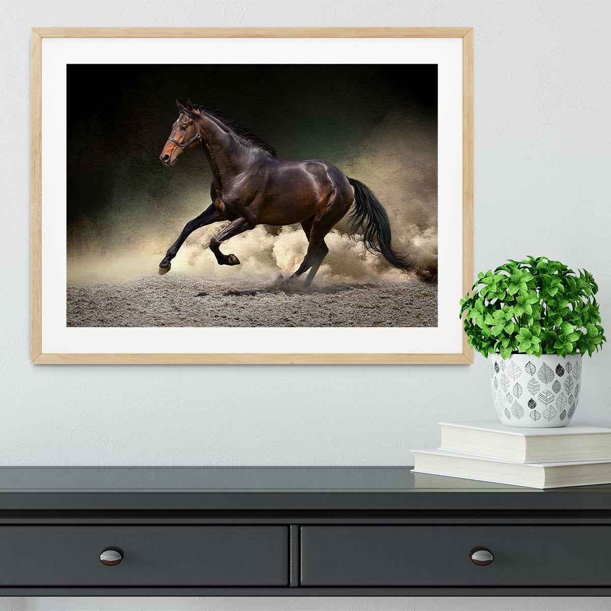 Black horse run gallop in dust desert Framed Print - Canvas Art Rocks - 3