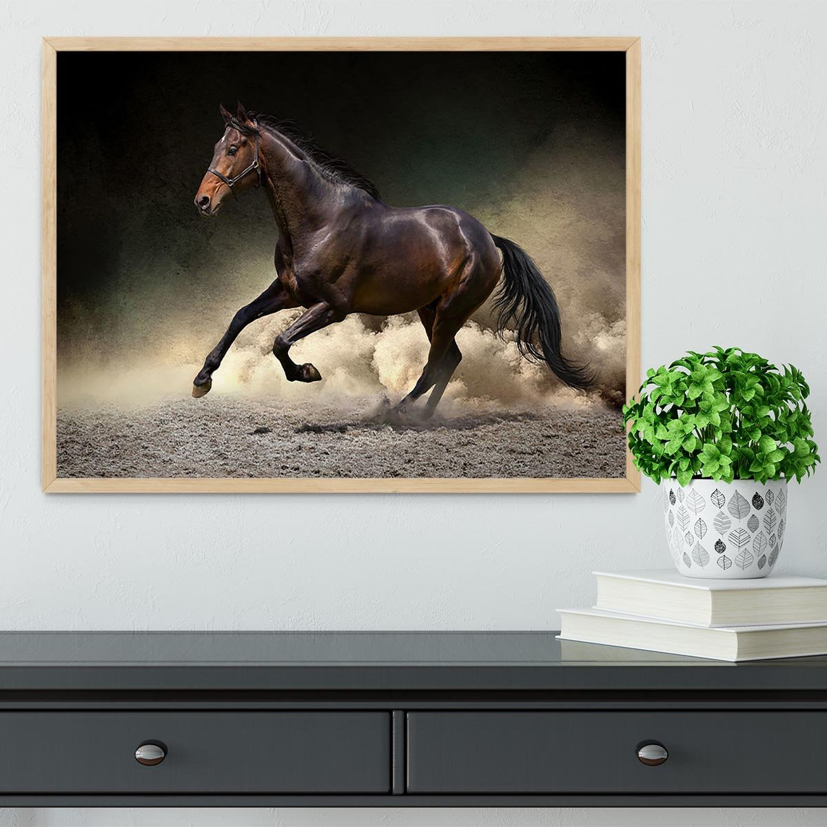 Black horse run gallop in dust desert Framed Print - Canvas Art Rocks - 4