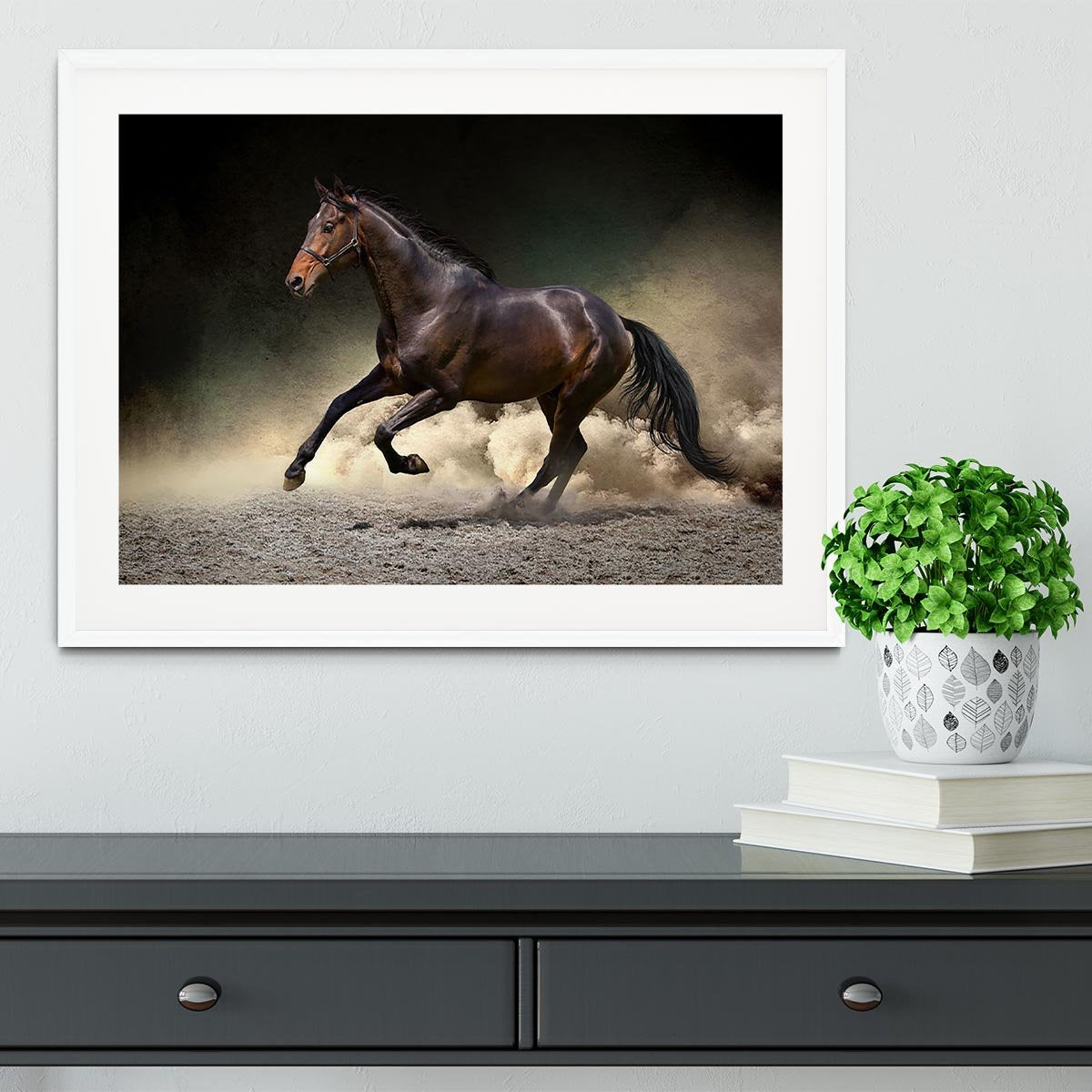 Black horse run gallop in dust desert Framed Print - Canvas Art Rocks - 5