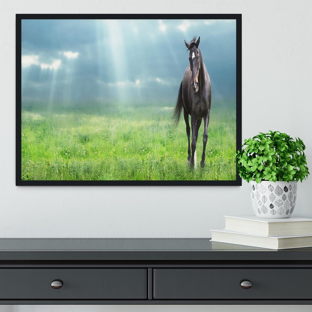 Black horse running Framed Print - Canvas Art Rocks - 2