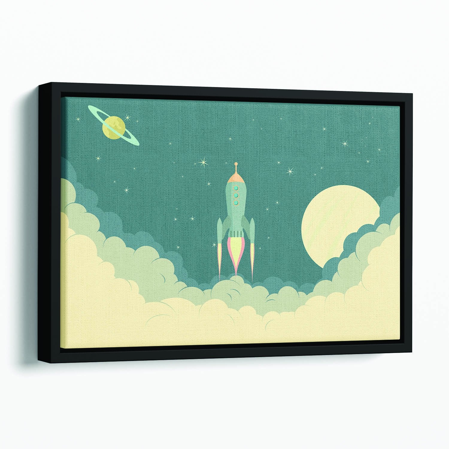 Blue Spaceship taking off Floating Framed Canvas
