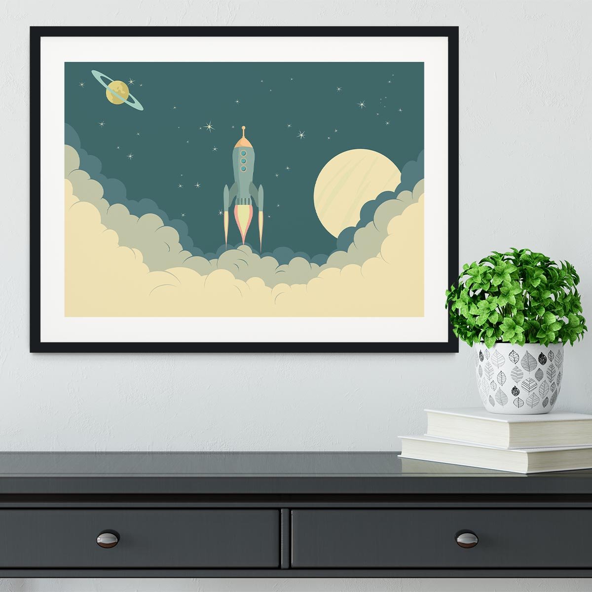 Blue Spaceship taking off Framed Print - Canvas Art Rocks - 1