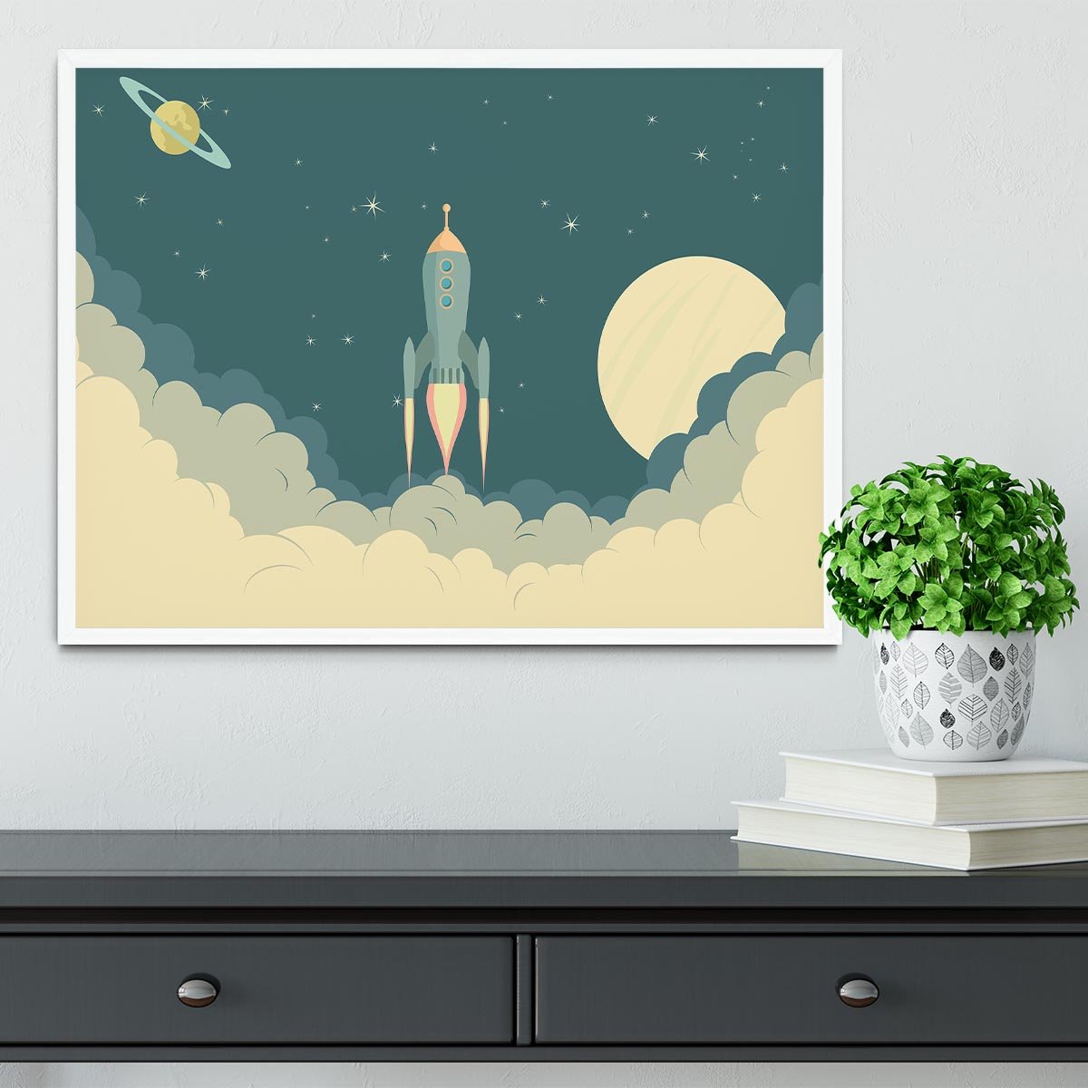 Blue Spaceship taking off Framed Print - Canvas Art Rocks -6