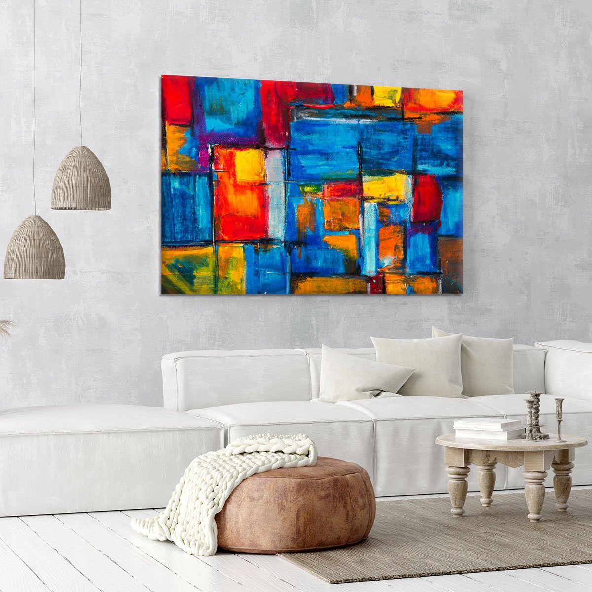 Blue and Red Square Abstract Painting Canvas Print or Poster