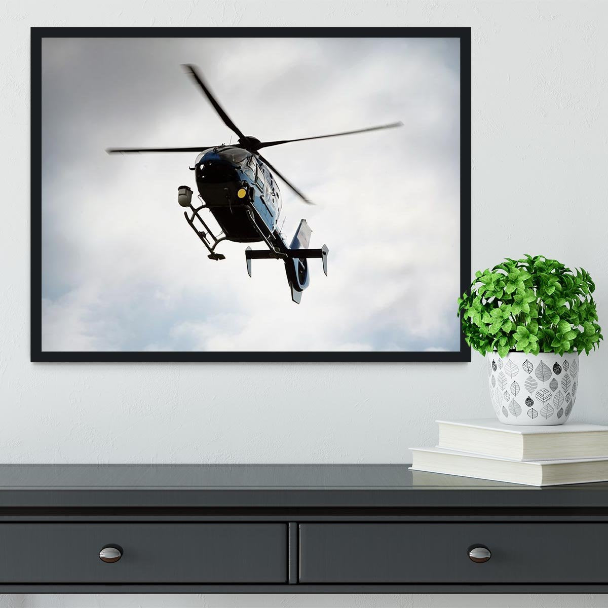Blue and silver police helicopter flying above Framed Print - Canvas Art Rocks - 2