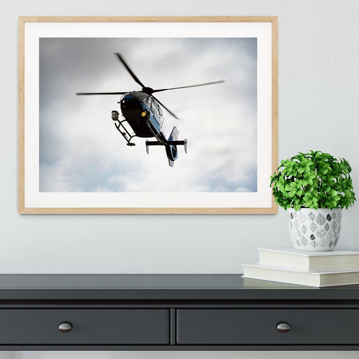 Blue and silver police helicopter flying above Framed Print - Canvas Art Rocks - 3