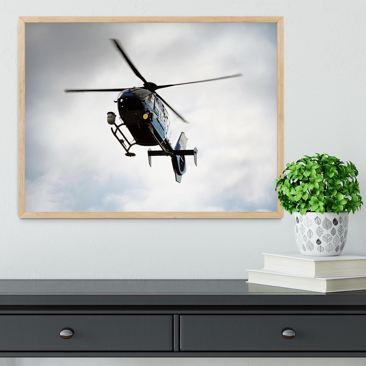 Blue and silver police helicopter flying above Framed Print - Canvas Art Rocks - 4
