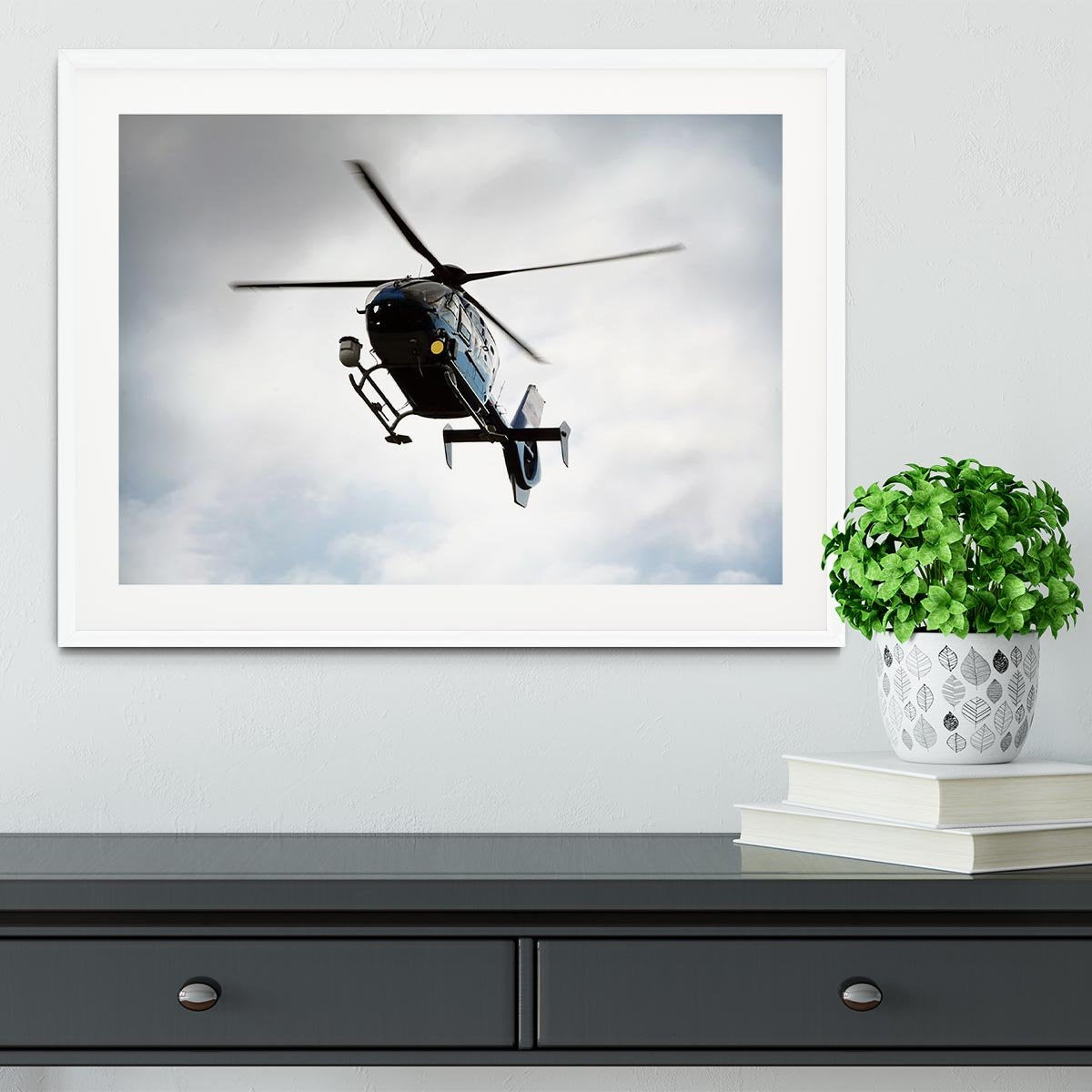 Blue and silver police helicopter flying above Framed Print - Canvas Art Rocks - 5