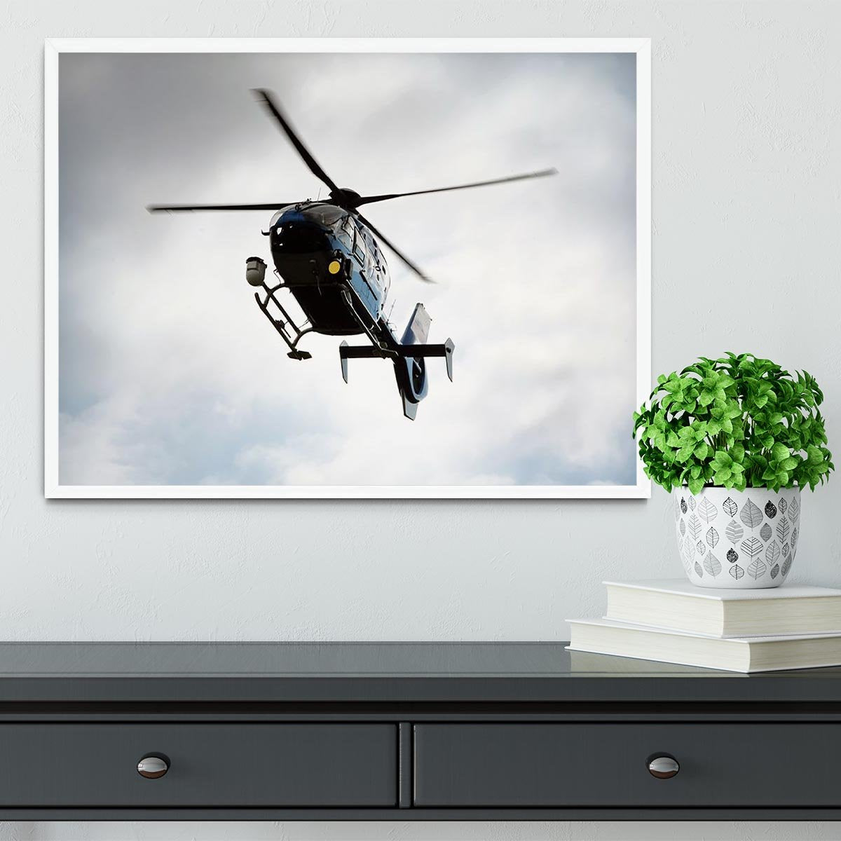 Blue and silver police helicopter flying above Framed Print - Canvas Art Rocks -6