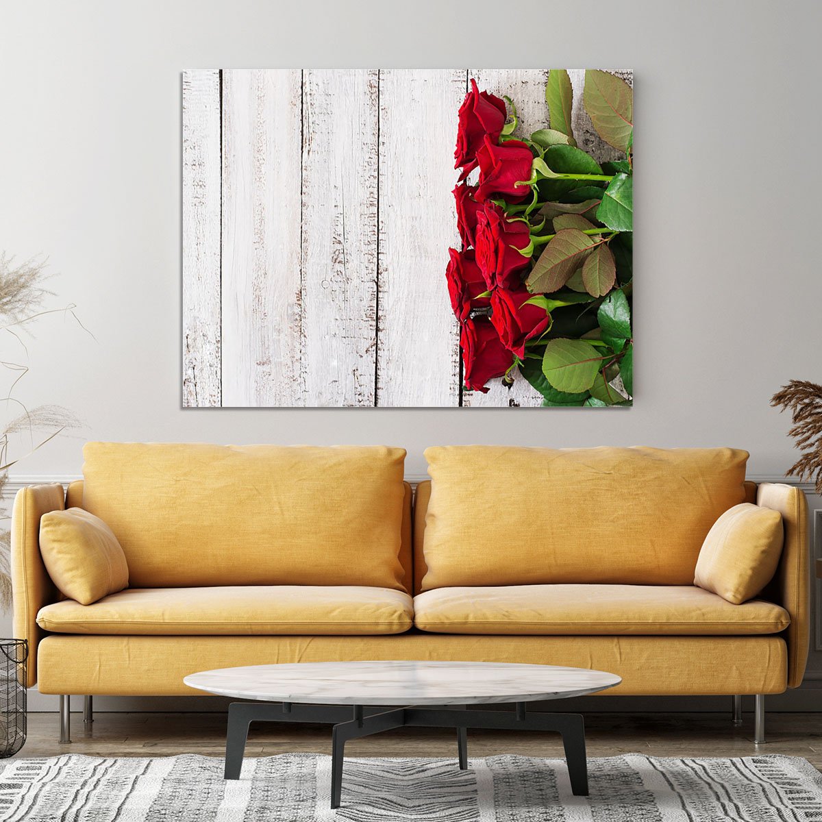 Bouquet of red roses on a light wooden background Canvas Print or Poster