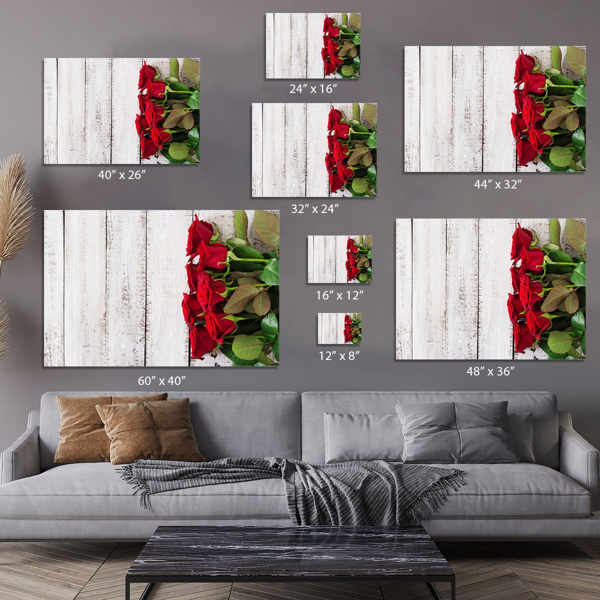 Bouquet of red roses on a light wooden background Canvas Print or Poster