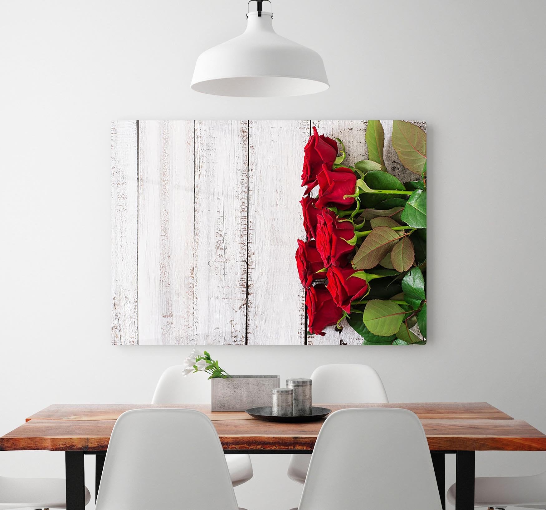 Bouquet of red roses on a light wooden background HD Metal Print