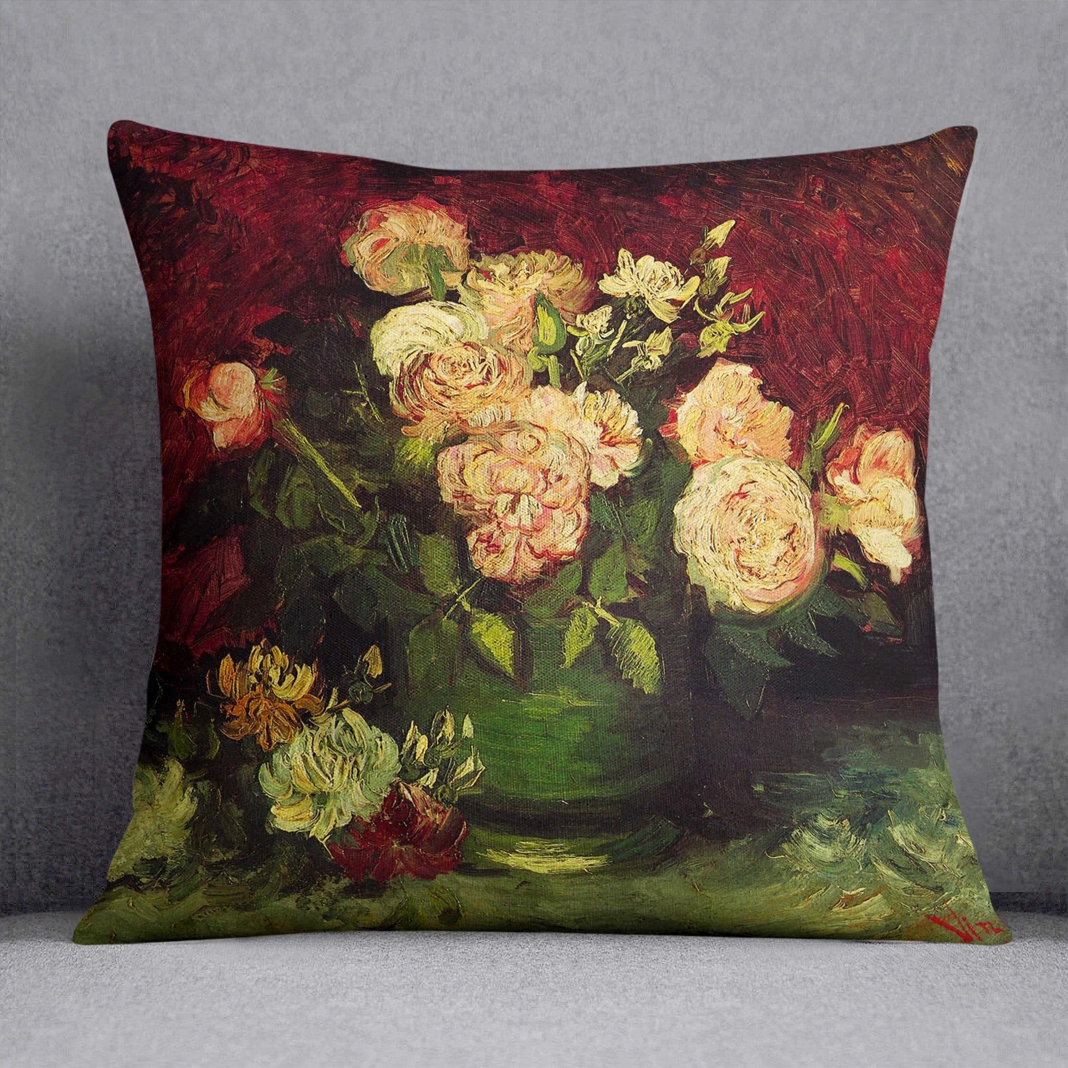 Bowl with Peonies and Roses by Van Gogh Throw Pillow