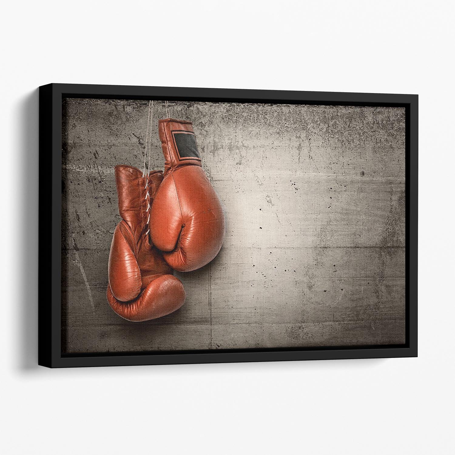 Boxing gloves hanging on concrete Floating Framed Canvas - Canvas Art Rocks - 1