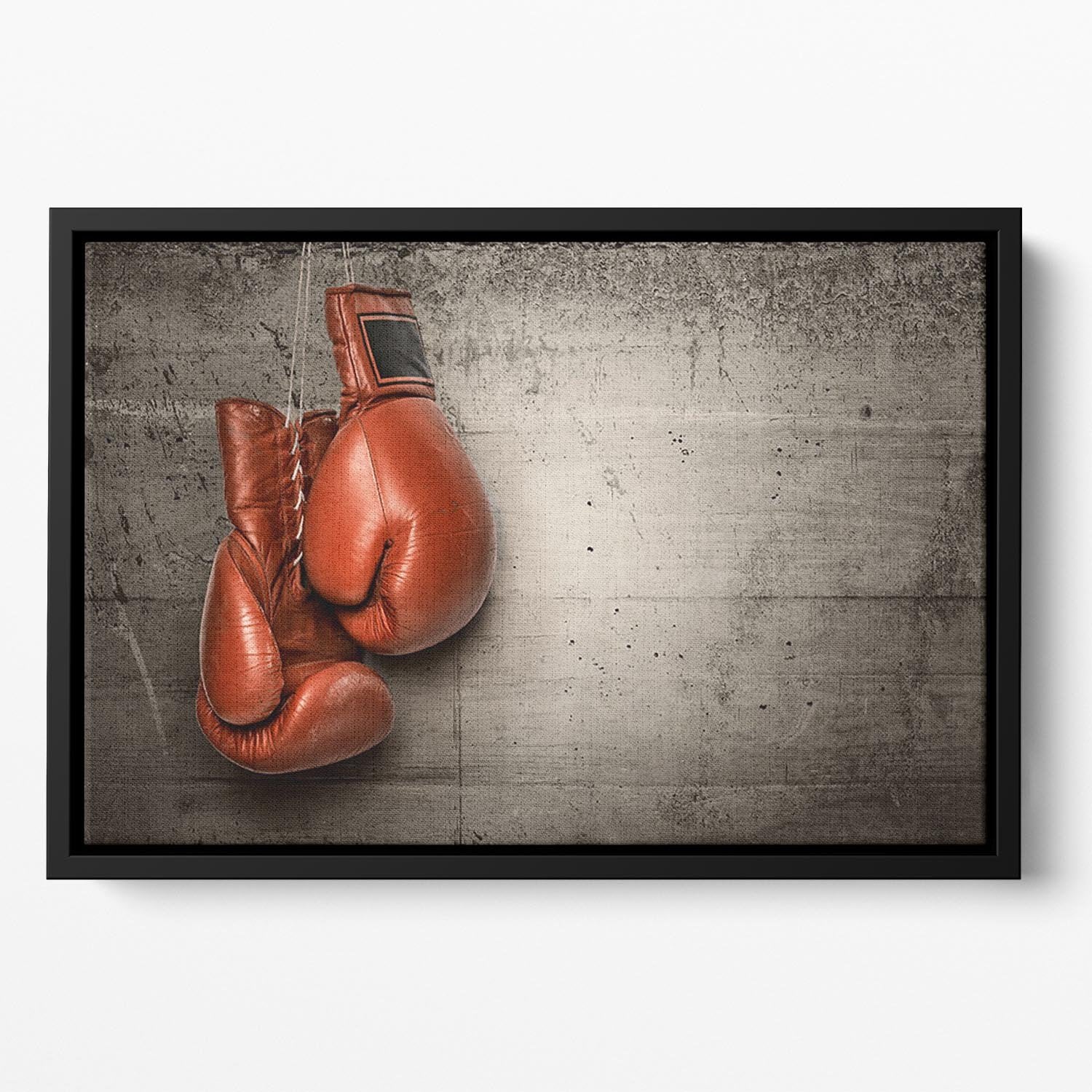 Boxing gloves hanging on concrete Floating Framed Canvas - Canvas Art Rocks - 2