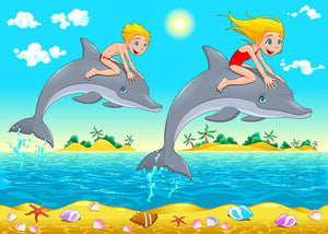 Boy girl and dolphin in the sea Wall Mural Wallpaper - Canvas Art Rocks - 1