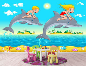 Boy girl and dolphin in the sea Wall Mural Wallpaper - Canvas Art Rocks - 2