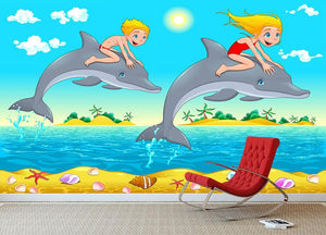 Boy girl and dolphin in the sea Wall Mural Wallpaper - Canvas Art Rocks - 3