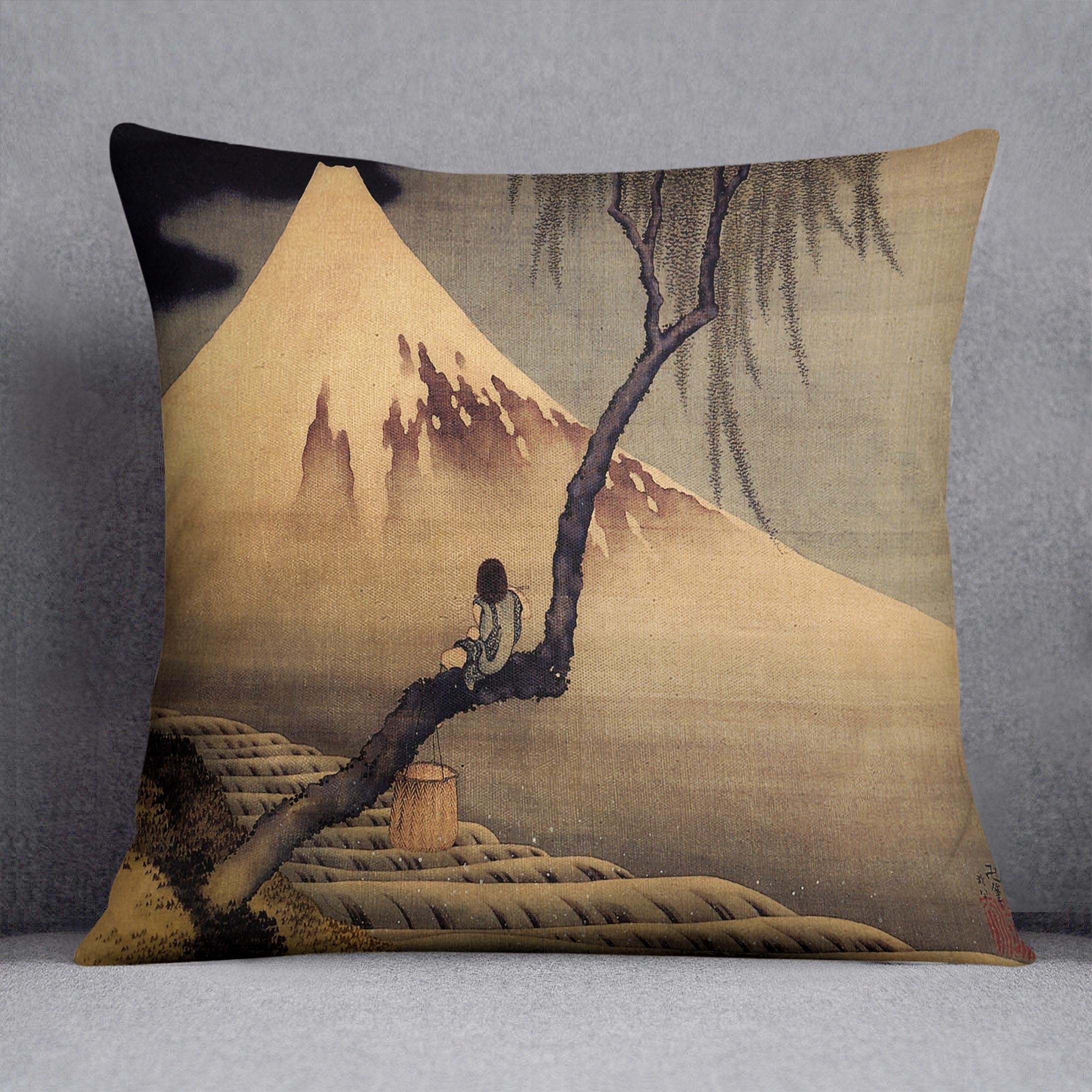 Boy in front of Fujiama by Hokusai Throw Pillow