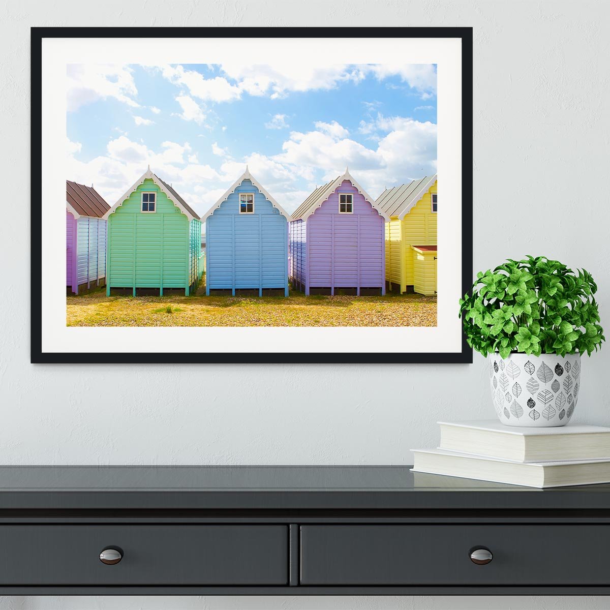 British beach huts on a bright sunny day Framed Print - Canvas Art Rocks - 1