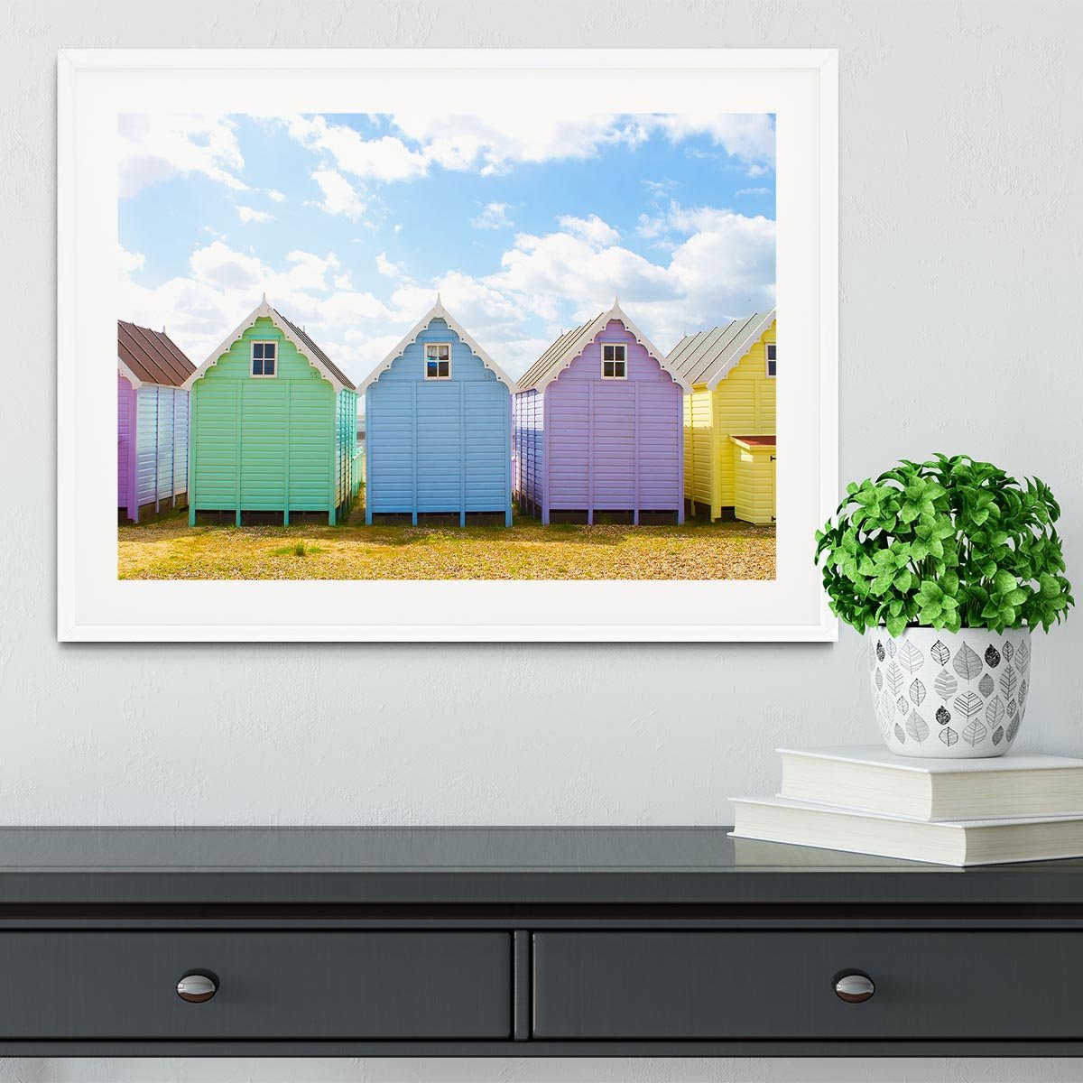 British beach huts on a bright sunny day Framed Print - Canvas Art Rocks - 5