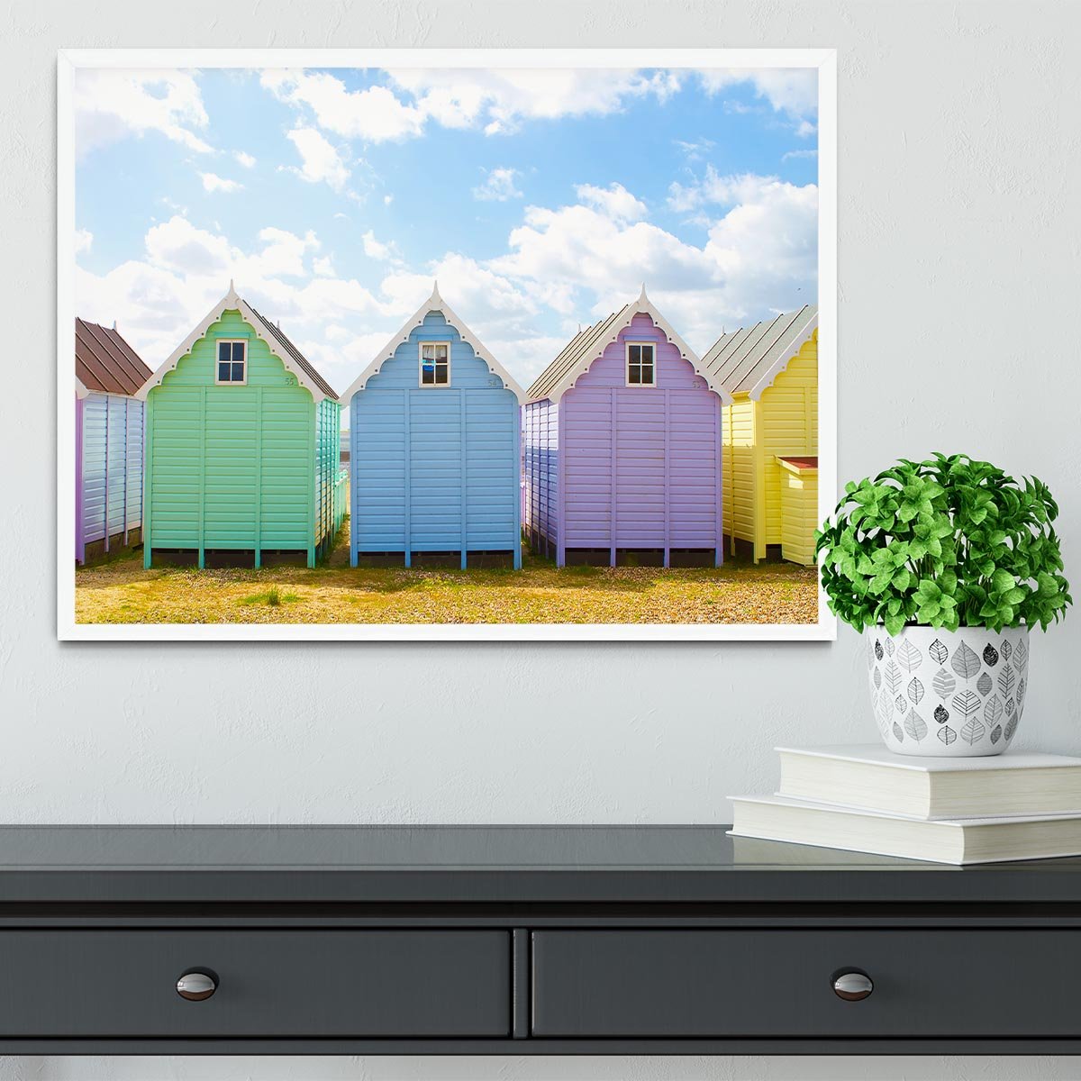 British beach huts on a bright sunny day Framed Print - Canvas Art Rocks -6
