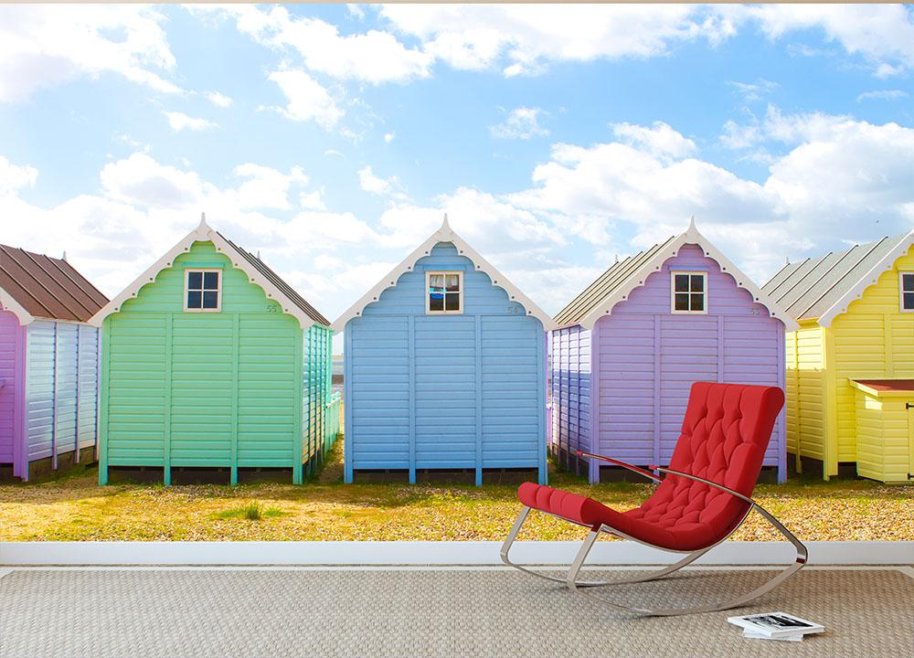 British beach huts on a bright sunny day Wall Mural Wallpaper - Canvas Art Rocks - 2