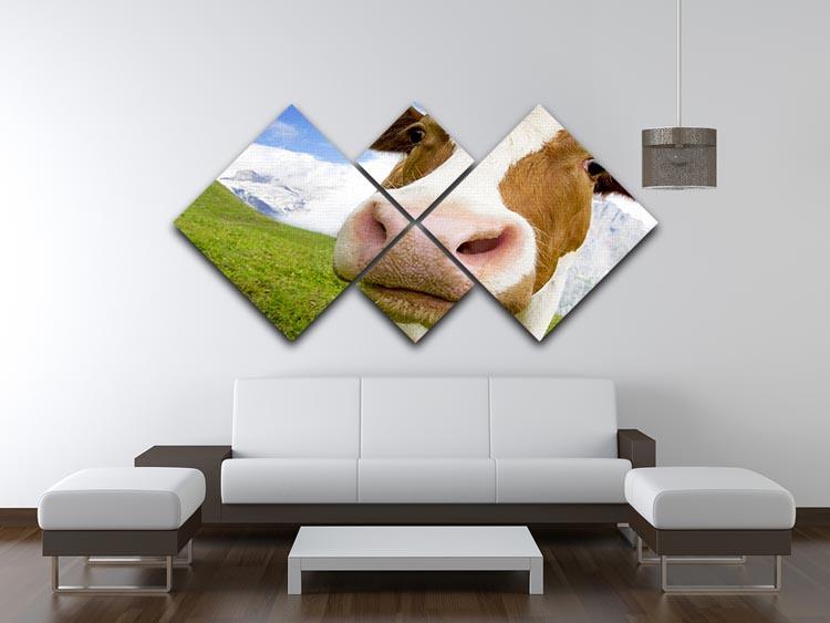 Brown and white cow in alps 4 Square Multi Panel Canvas - Canvas Art Rocks - 3