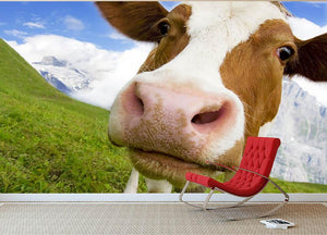 Brown and white cow in alps Wall Mural Wallpaper - Canvas Art Rocks - 2
