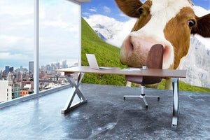 Brown and white cow in alps Wall Mural Wallpaper - Canvas Art Rocks - 3
