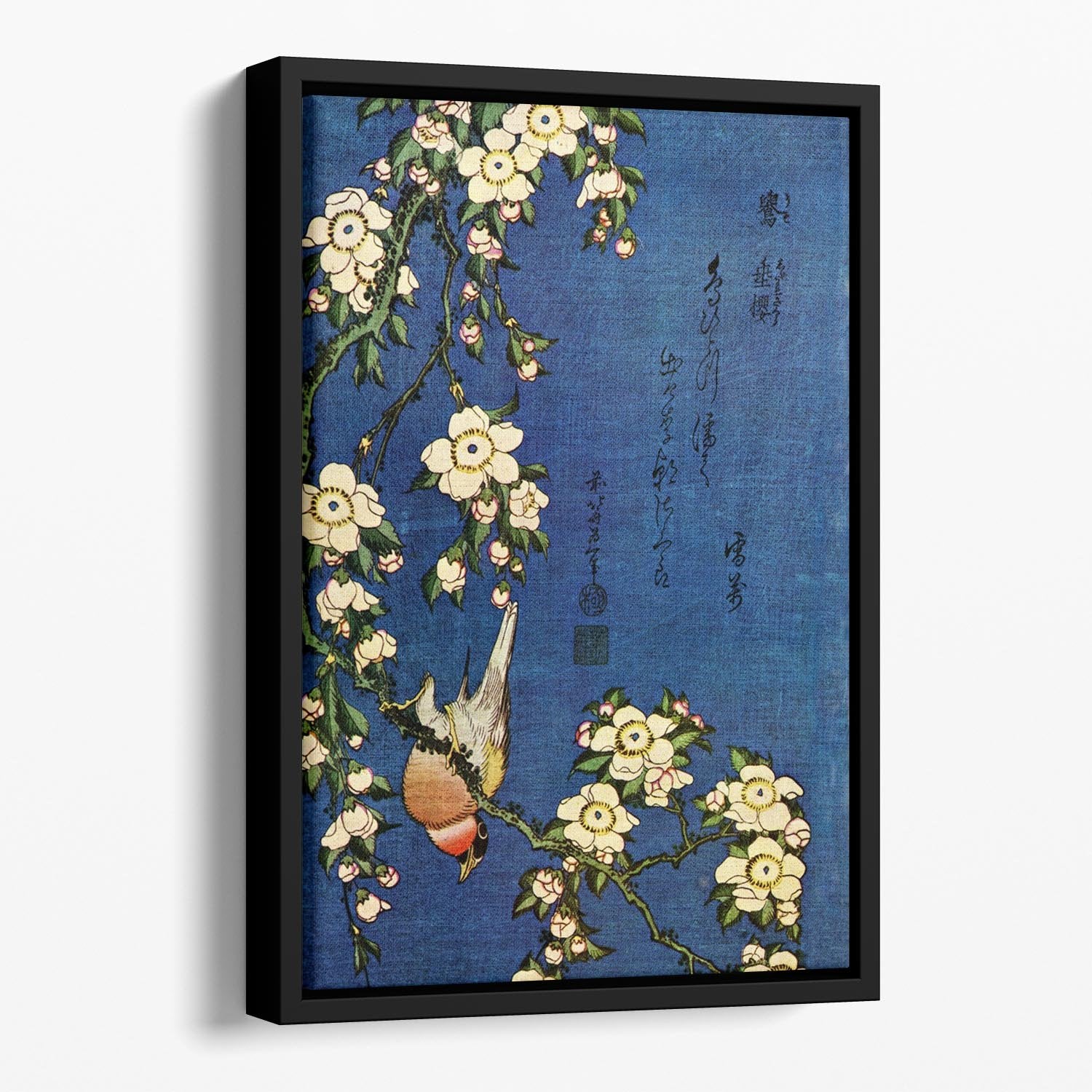Bullfinch and drooping cherry by Hokusai Floating Framed Canvas