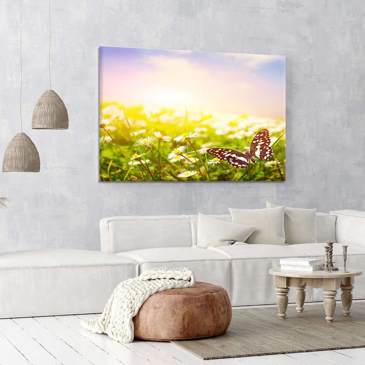Butterfly on a daisy field Canvas Print or Poster