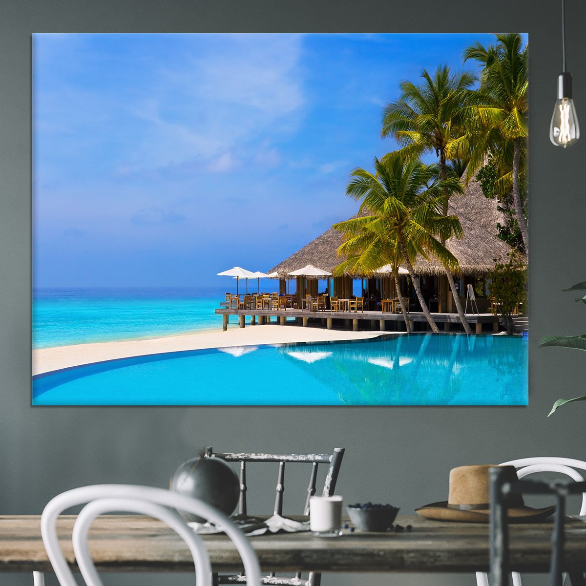 Cafe and pool on a tropical beach Canvas Print or Poster
