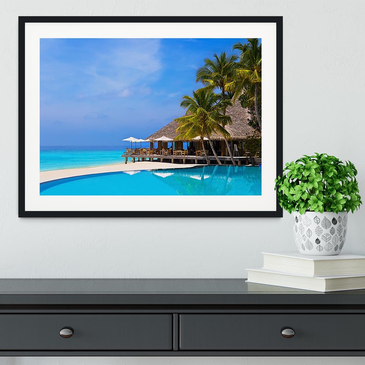 Cafe and pool on a tropical beach Framed Print - Canvas Art Rocks - 1