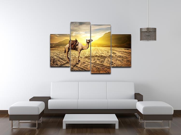 Camel in sandy desert near mountains at sunset 4 Split Panel Canvas - Canvas Art Rocks - 3