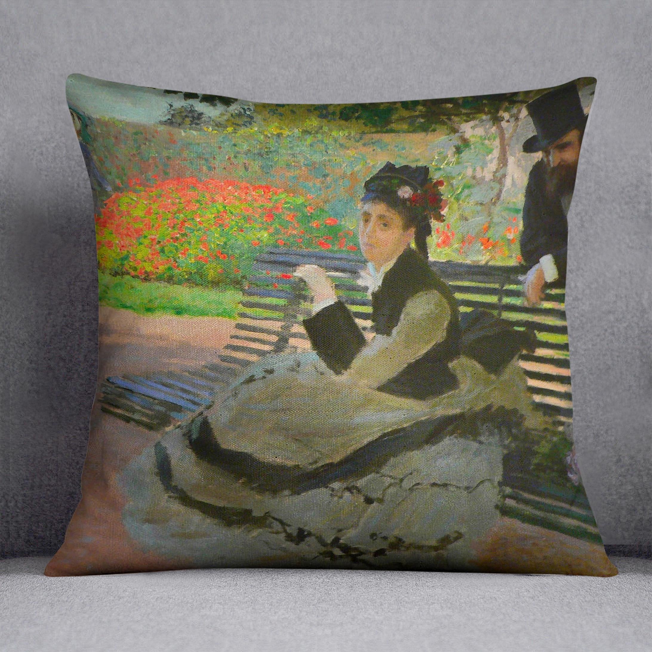 Camille Monet on a garden bench by Monet Throw Pillow
