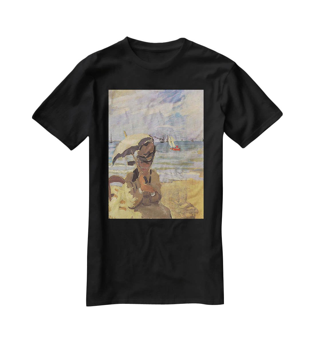 Camille Monet on the beach at Trouville by Monet T-Shirt - Canvas Art Rocks - 1
