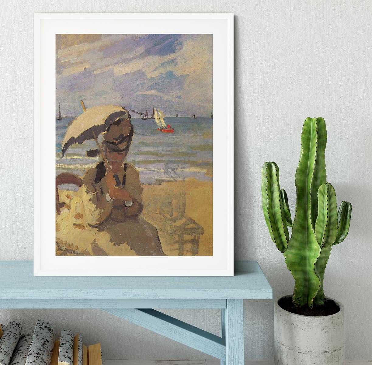 Camille Monet on the beach at Trouville by Monet Framed Print - Canvas Art Rocks - 5