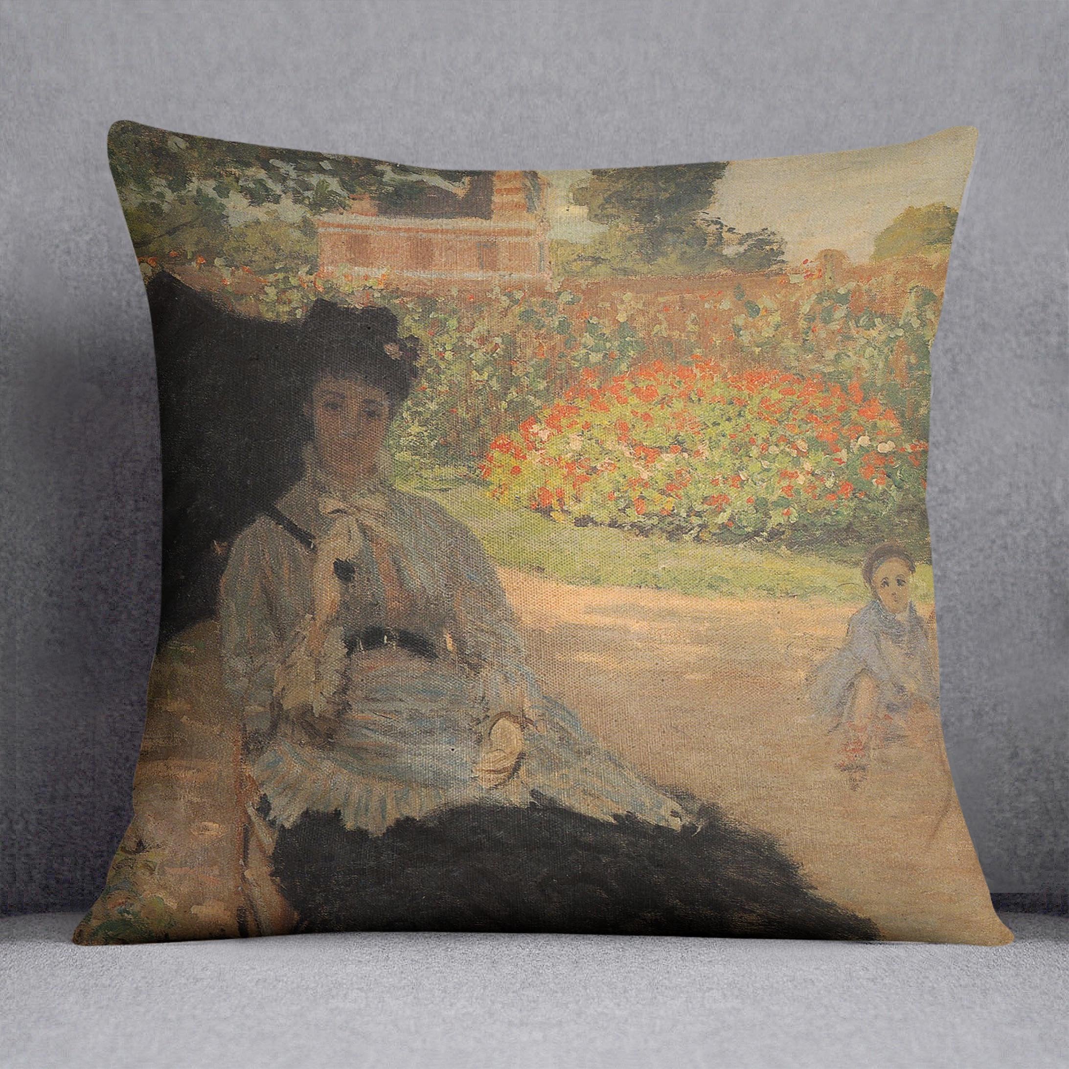Camille in the garden with Jean and his nanny by Monet Throw Pillow