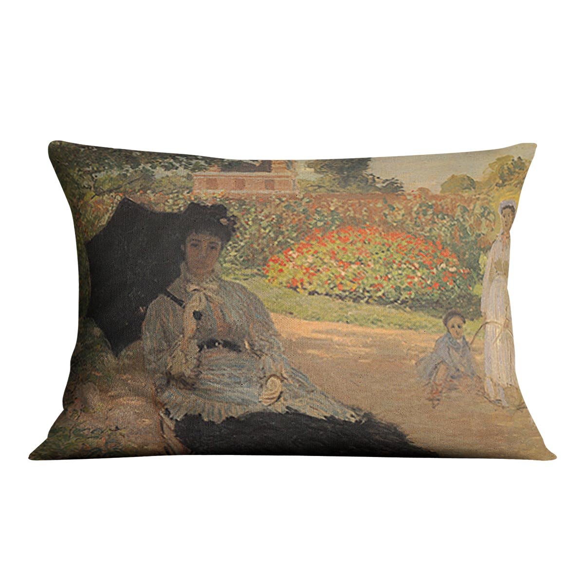 Camille in the garden with Jean and his nanny by Monet Throw Pillow