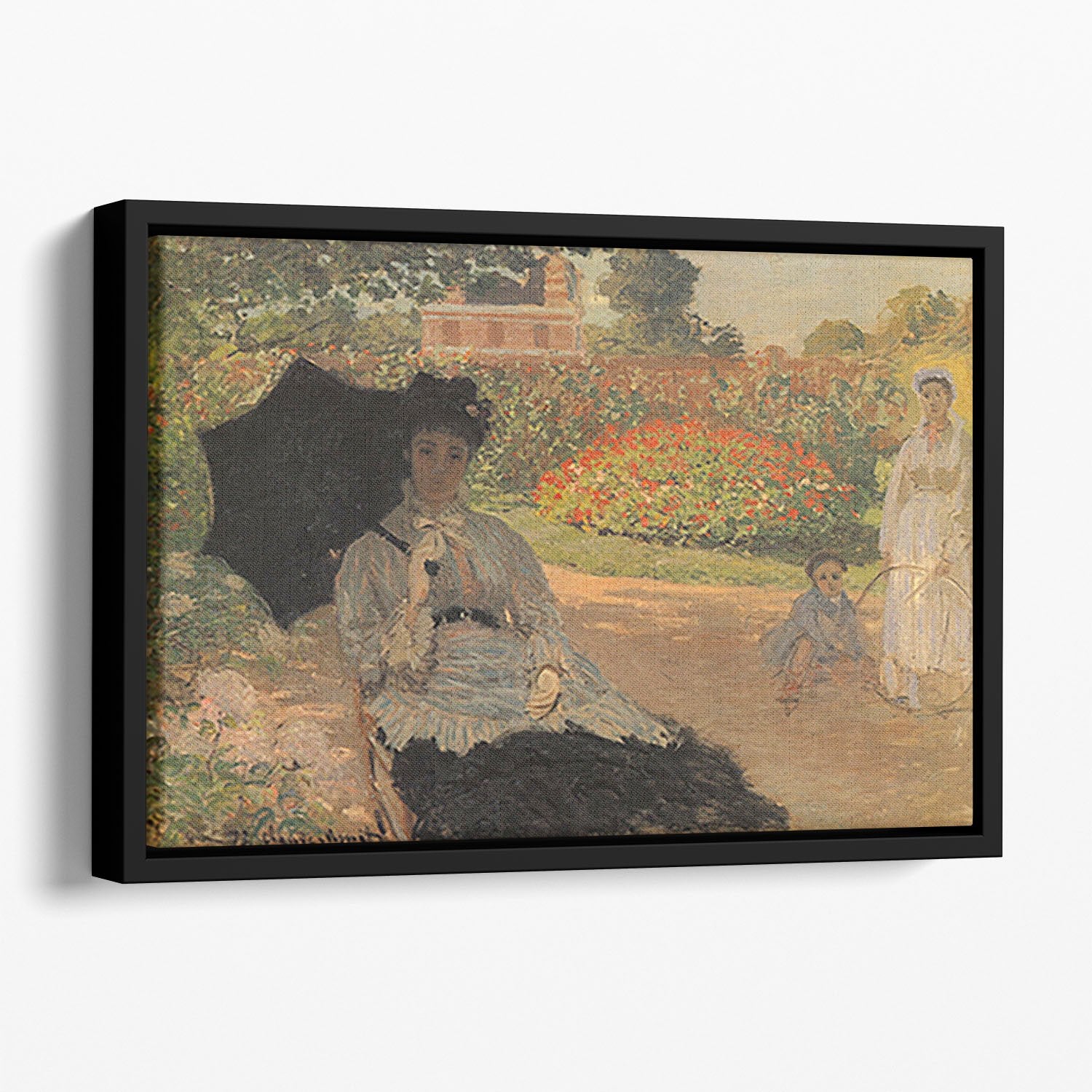 Camille in the garden with Jean and his nanny by Monet Floating Framed Canvas