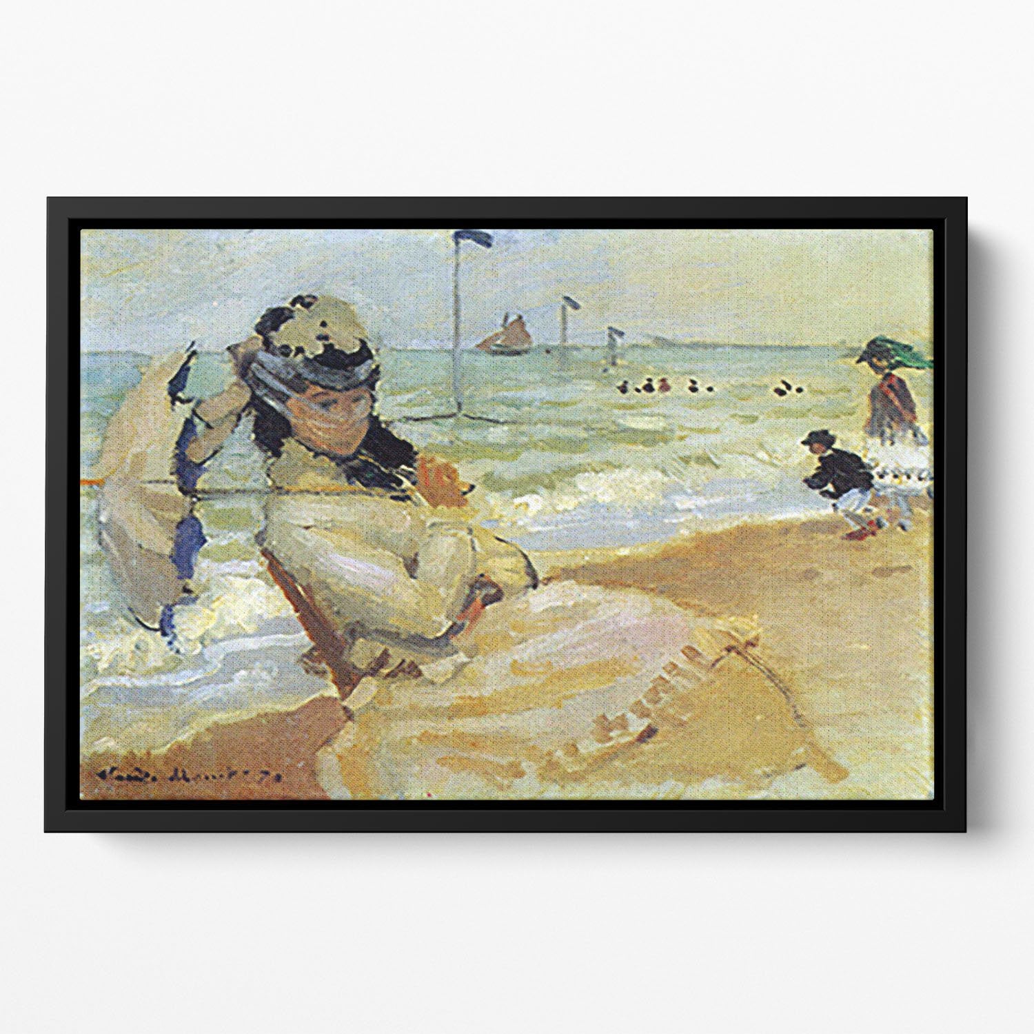 Camille on the beach at Trouville by Monet Floating Framed Canvas