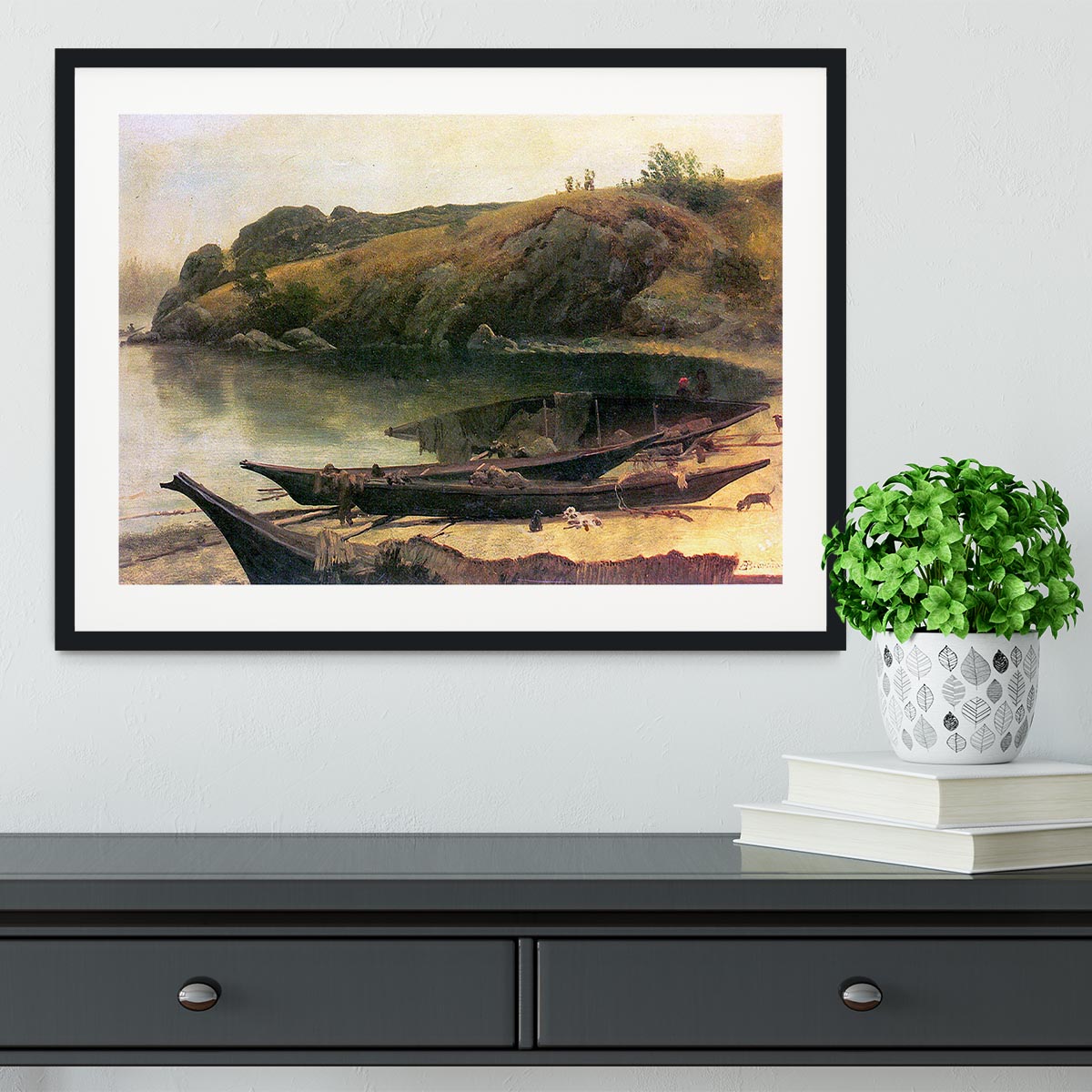 Canoes by Bierstadt Framed Print - Canvas Art Rocks - 1