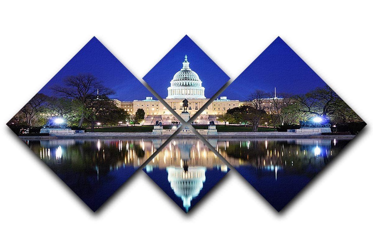 Capitol Hill Building at dusk with lake reflection 4 Square Multi Panel Canvas  - Canvas Art Rocks - 1