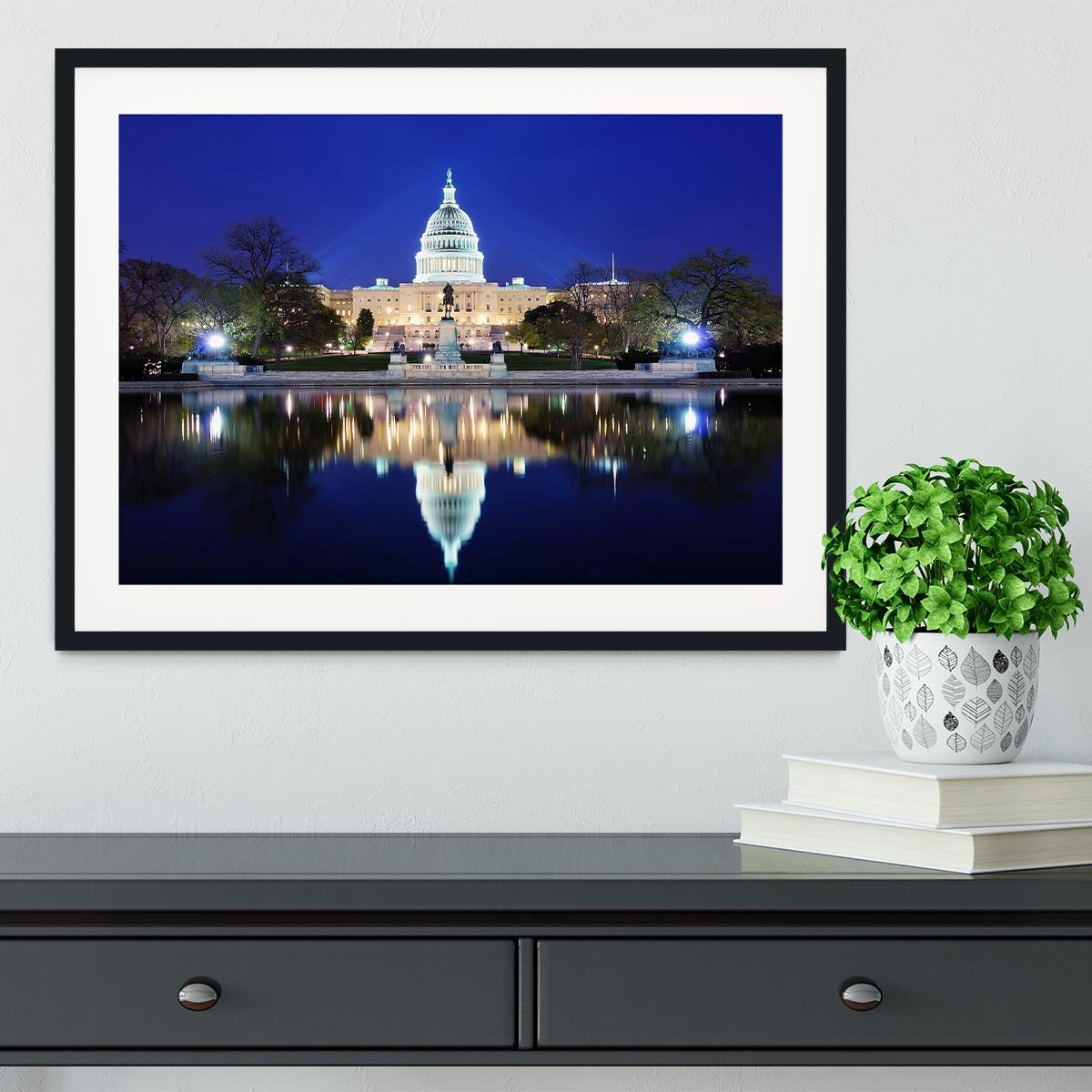Capitol Hill Building at dusk with lake reflection Framed Print - Canvas Art Rocks - 1