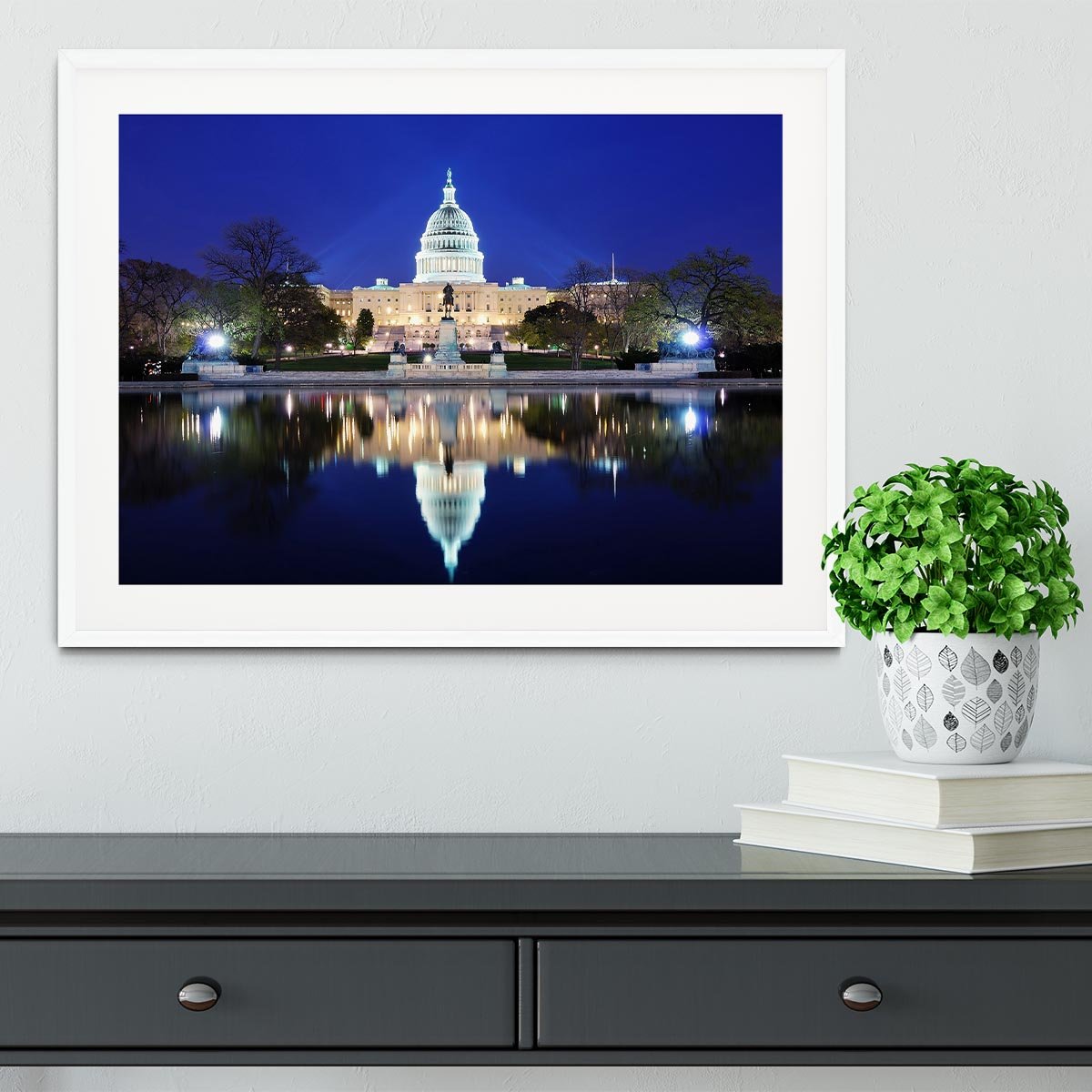 Capitol Hill Building at dusk with lake reflection Framed Print - Canvas Art Rocks - 5