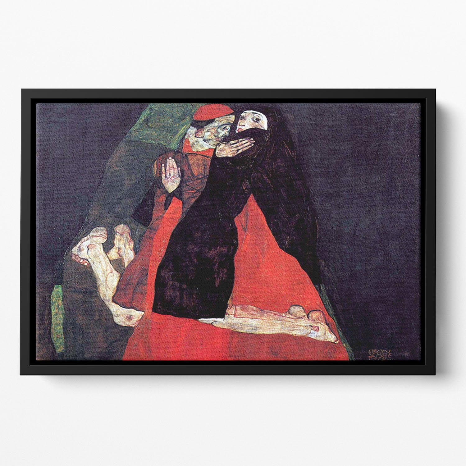 Cardinal and Nun or The caress by Egon Schiele Floating Framed Canvas
