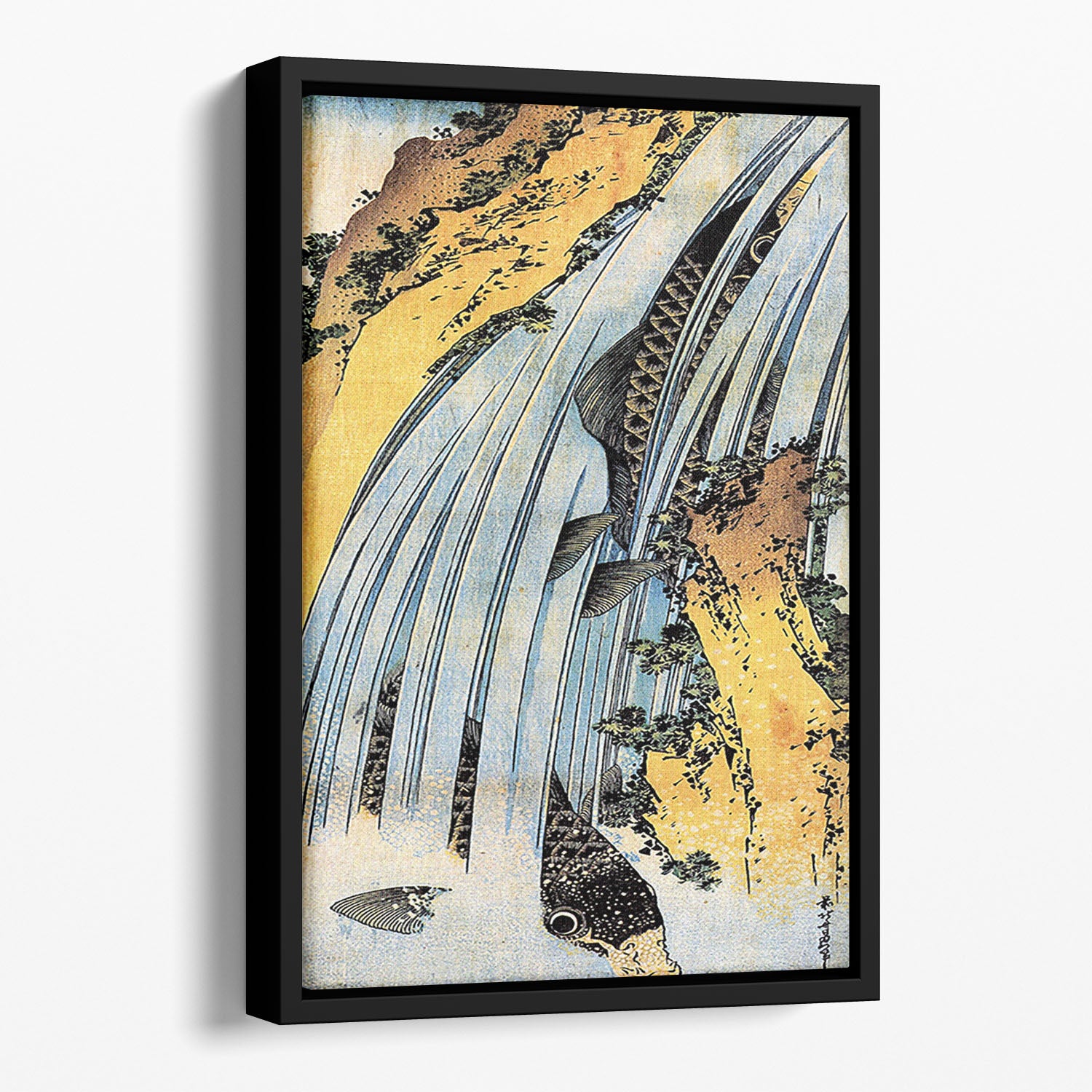 Carps ascending waterfall by Hokusai Floating Framed Canvas