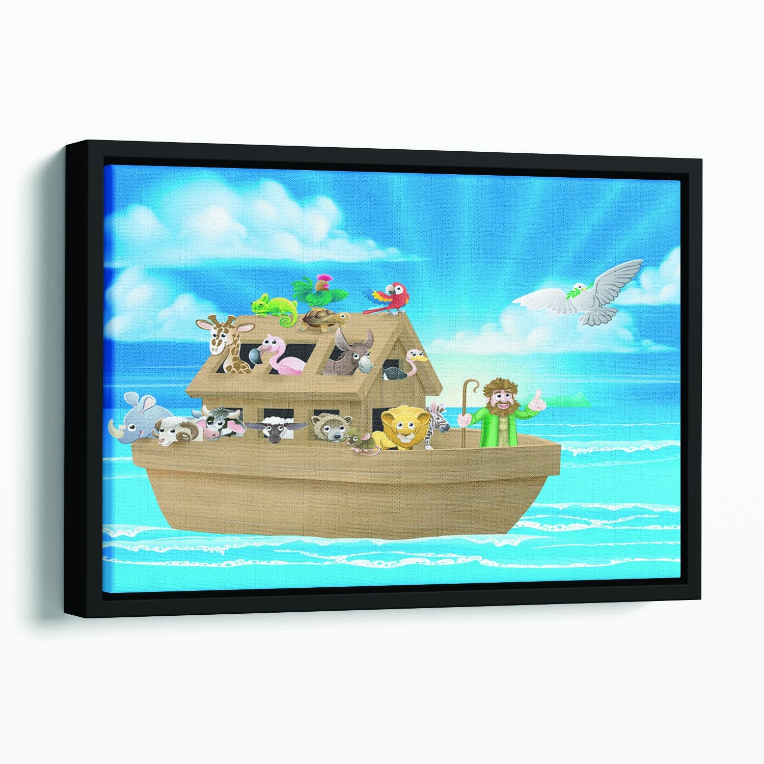 Cartoon childrens illustration of the Christian Bible story of Noah Floating Framed Canvas