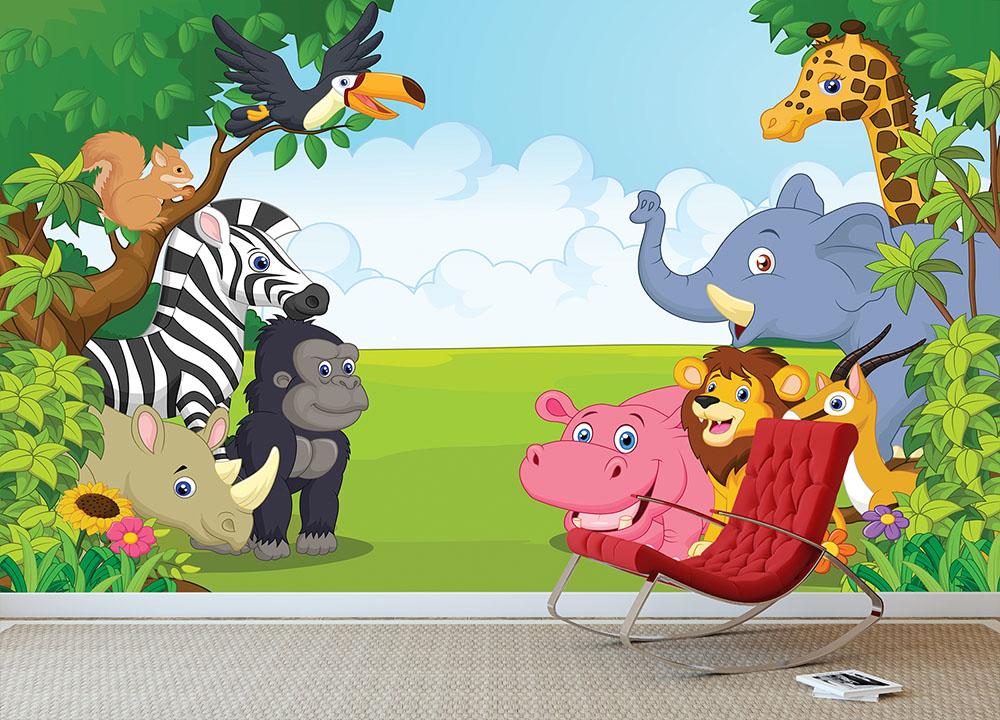 Cartoon collection animal in the jungle Wall Mural Wallpaper - Canvas Art Rocks - 3